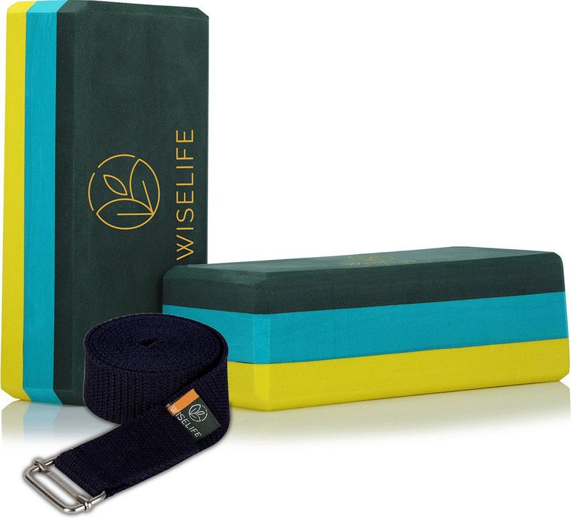 Wiselife Blue Grey Pro Yoga Block | Yoga Brick+ Yoga Belt (Combo, Regular Size) TPE Yoga Blocks  (Green Pack of 3)