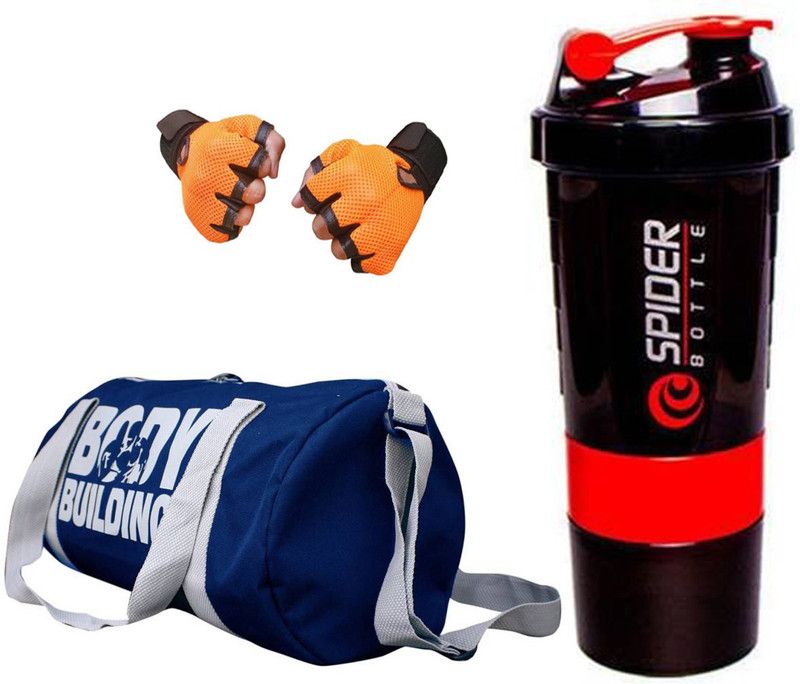 Snipper Combo of Bodybuilding Blue Bag , Gloves Orange And Spider Shaker Red Fitness Accessory Kit Kit