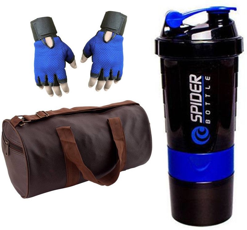 Snipper Combo Of Leatherite Brown Gym Bag , Blue Gloves and Purple Spider Shaker Fitness Accessory Kit Kit