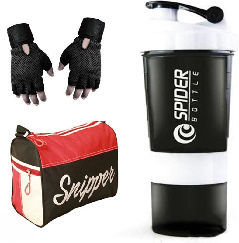 Snipper Combo of Tomy Red Bag, Gloves Black and Shaker ( White) Fitness Accessory Kit Kit