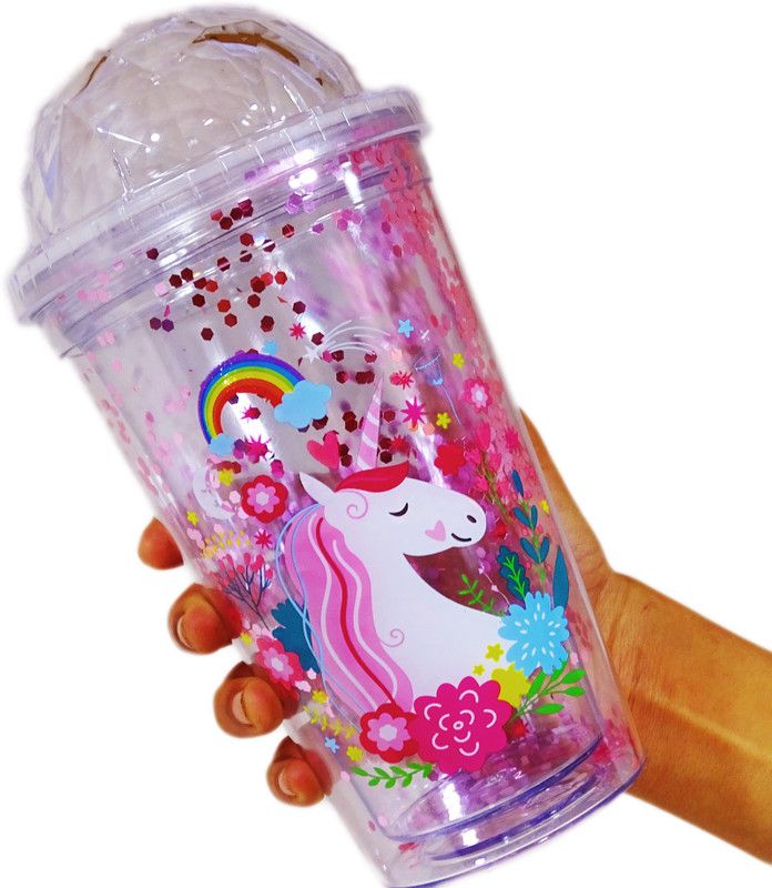 poksi Unicorn Transparent Sipper/Water Bottle/Mason Jar/Tumbler 500 ml Sipper  (Pack of 1, Pink, Plastic)