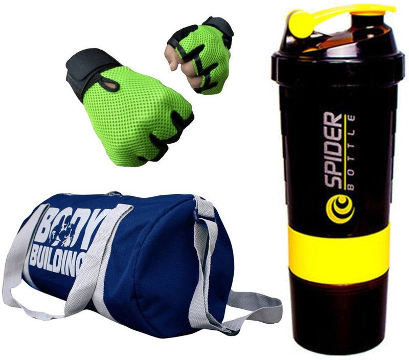 Snipper Combo of Bodybuilding Blue Bag , Gloves Green And Spider Shaker Yellow Fitness Accessory Kit Kit