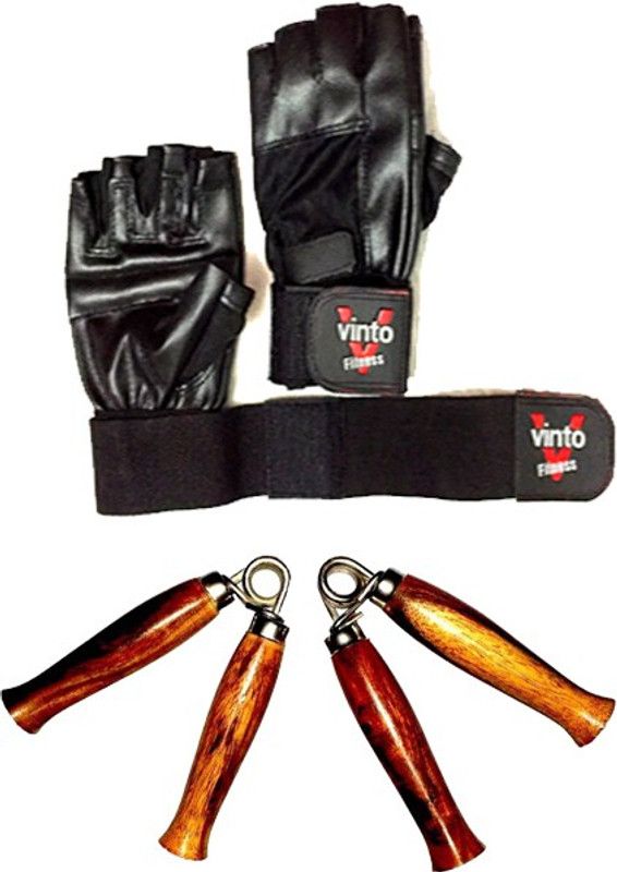 vinto PRO COMBO 1 PAIR LEATHER GYM GLOVE, 2 PCS WOODEN HAND GRIPS Fitness Accessory Kit Kit