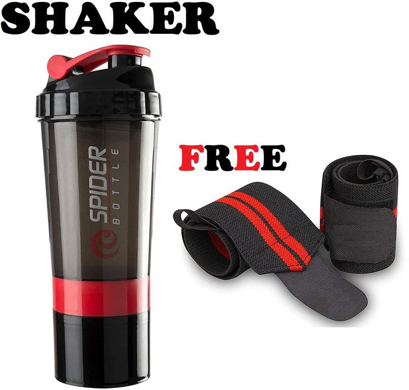 Fitnesstricks Combo Of Protein Shaker Bottle 3 Storage Compartment with 1 Pair Wrist Band Gym & Fitness Kit