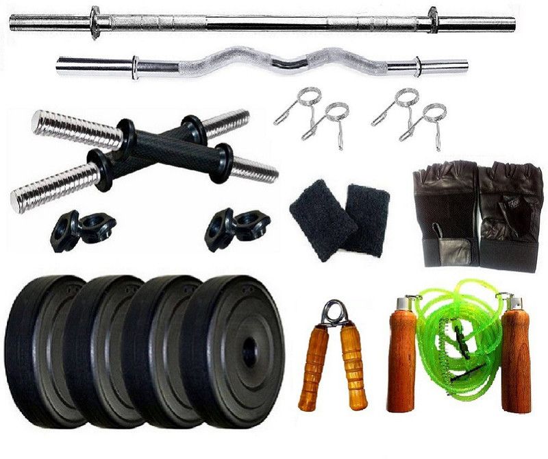 SPIRO Home Gym 44 Kg. (5 Kg. X 4 = 20 Kg. + 3 Kg. X 8 = 24 Kg.) with Curl Rod, Straight Rod, Gym Glvoes, Skipping Rope, Sweat Band & Hand Gripper Dumbbell Kit Kit