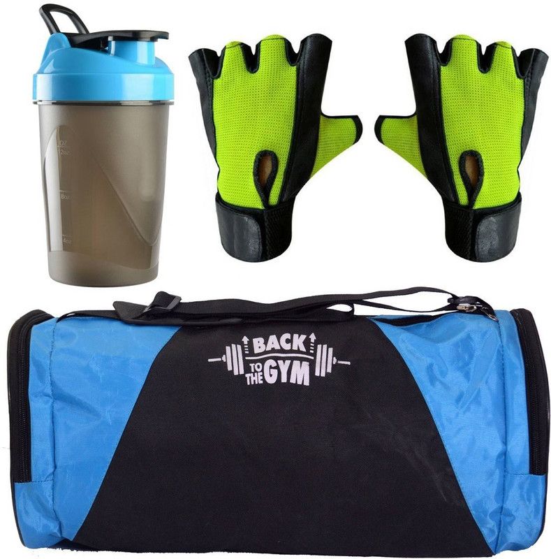 Cp Bigbasket ombo Set Polyester 40 Ltrs Blue Sport Gym Duffle Bag shoe compartment, Gym Shaker (400 ml), Netted Gym & Fitness Gloves (Green) Fitness Accessory Kit Kit