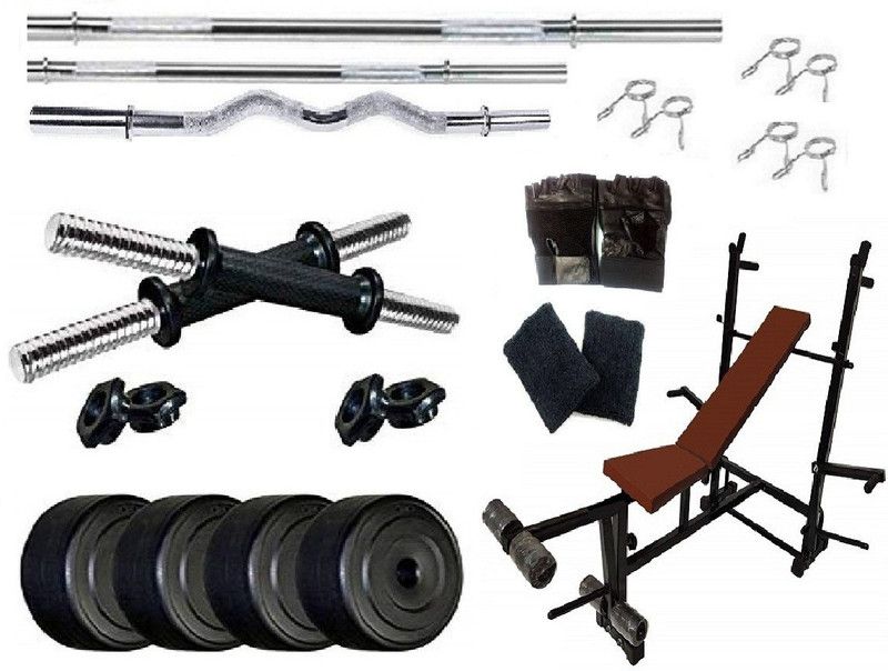 VENOM Total Home Gym 8 Kg. Weight Plates with 8in1 Bench & 2 Acessories Dumbbell Kit Kit