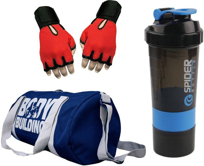 Snipper Combo of Bodybuilding Blue Bag , Gloves Red And Spider Shaker Blue Fitness Accessory Kit Kit
