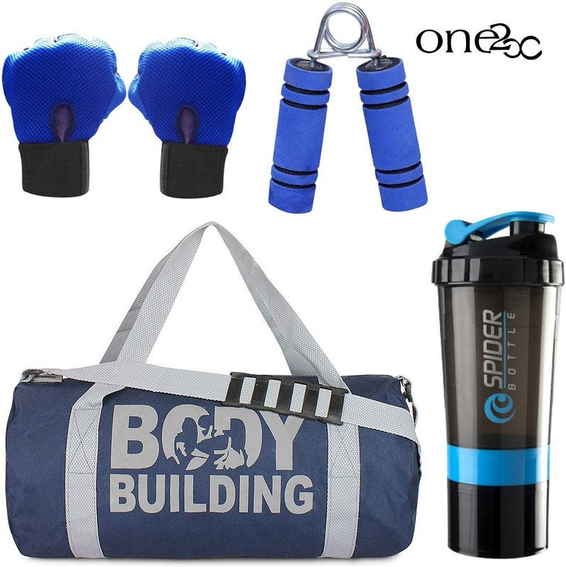 One28 Sports Combo of Body Building (Blue) Gym Bag Gloves (Blue) Hand Gripper (blue) and Shaker Bottle (blue) Gym/Fitness Kit/Combo/Gym Accessories/Gym Kit/for Men and Women Gym & Fitness Kit Fitness Accessory Kit Kit