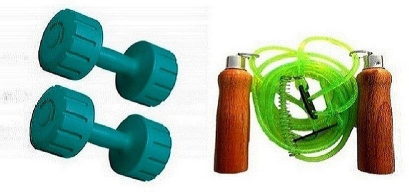 YUKI GREEN COLOR 4KG VINYL PLASTIC DUMBELL AND GREEN COLOR WOODEN HANDLE SKIPPING ROPE Dumbbell Kit Kit