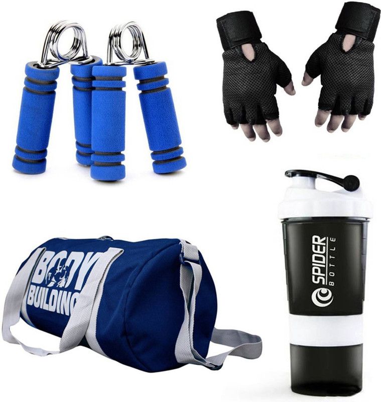 Rocket Sales Combo Of BodyBuilding (Blue) Gym Bag, Gloves (Black), Spider Shaker (White) And Hand Gripper (Blue) Fitness Accessory Kit Kit