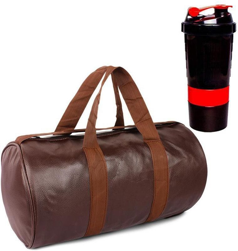 5 O' CLOCK SPORTS Gym & Fitness Kit-Combo of Leather Brown Gym Bag/Duffel Bag with Side Pocket and Spider Shaker/Bottle Red Fitness Accessory Kit Kit