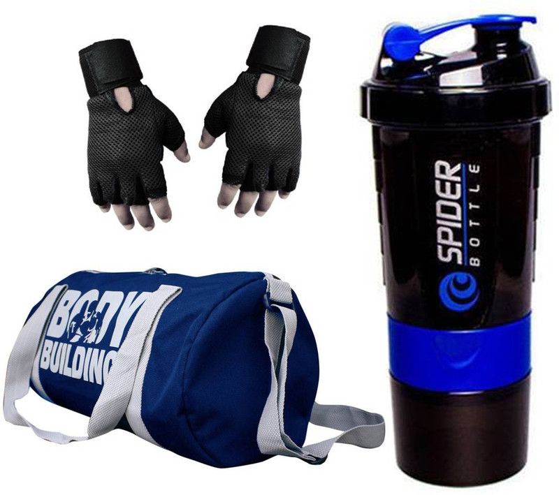 Rocket Sales Combo Of BodyBuilding (Blue) Gym Bag, Gloves (Black) And Spider Shaker (Blue) Fitness Accessory Kit Kit