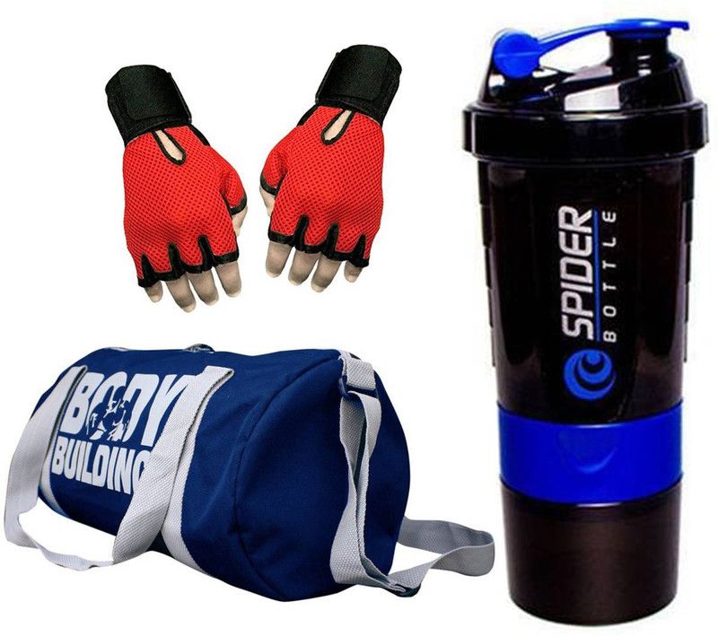 Snipper Combo of Bodybuilding Blue Bag , Gloves Red And Spider Shaker Purple Fitness Accessory Kit Kit