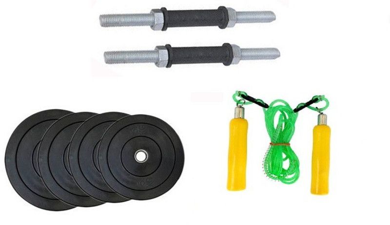 YUKI ONLINE SERIES : NICKLE DUMBELL RODS , 4 KG ( 1 KG X 4 ) WEIGHT PLATES , WOODEN HANDLE SKIPING ROPE Dumbbell Kit Kit
