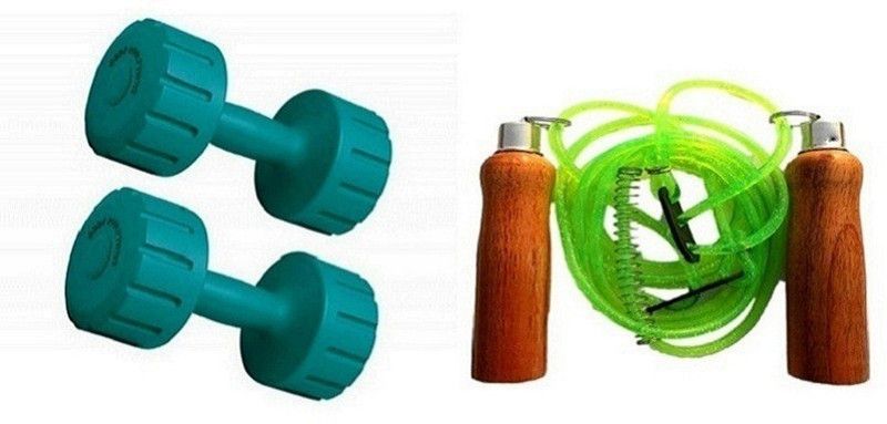 YUKI GREEN COLOR 5KG VINYL PLASTIC DUMBELL AND GREEN COLOR WOODEN HANDLE SKIPPING ROPE Dumbbell Kit Kit