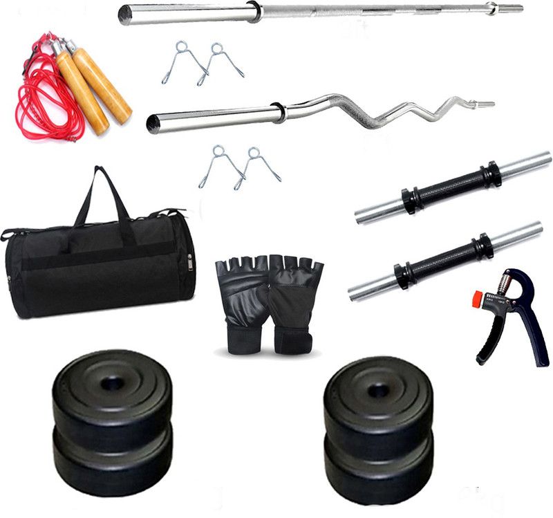 RIO PORT 10 kg 2 x 2 = 8kg, 3 x 2 = 6kg, 1 x 3 feet curl rod, 1 x 3 plan rod, 2 x 14 inch dumbbell rod, gloves, skiping rope wooden, gym bag, hand pvc grip Home Gym Combo