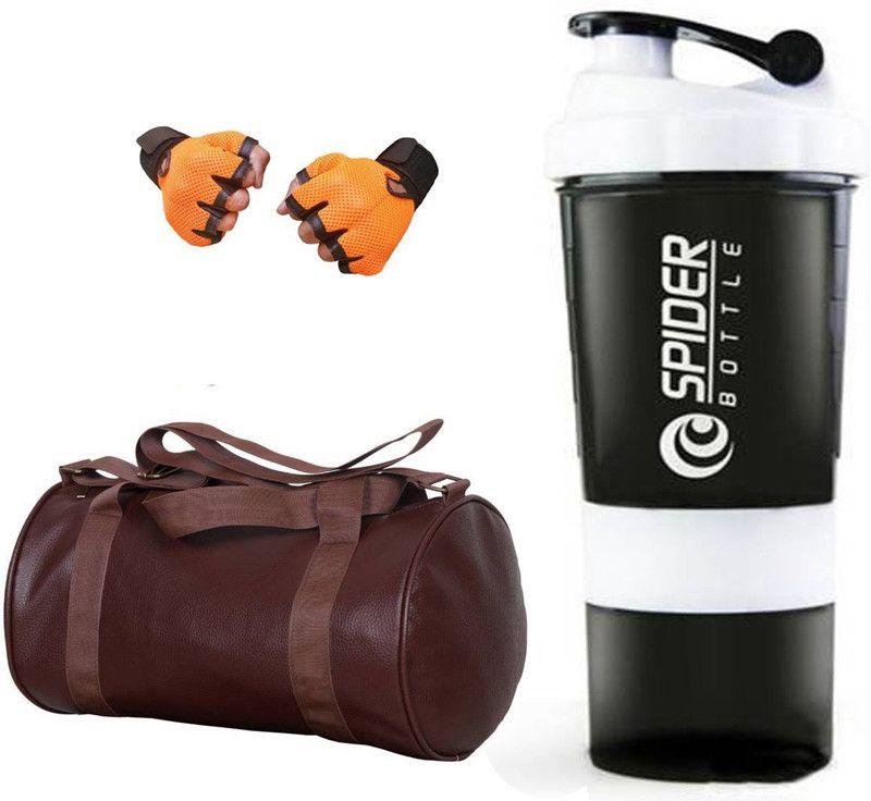 Snipper Combo Of Leatherite Brown Gym Bag , Orange Gloves and White Spider Shaker Fitness Accessory Kit Kit