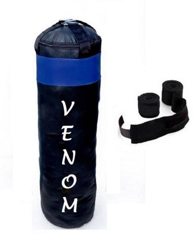 VENOM 6.0 Feet Long, PU Material, Black and Blue Color, Unfilled with Hanging Straps and 9 Feet Long Black Color Hand Wraps Pair Home Gym Combo