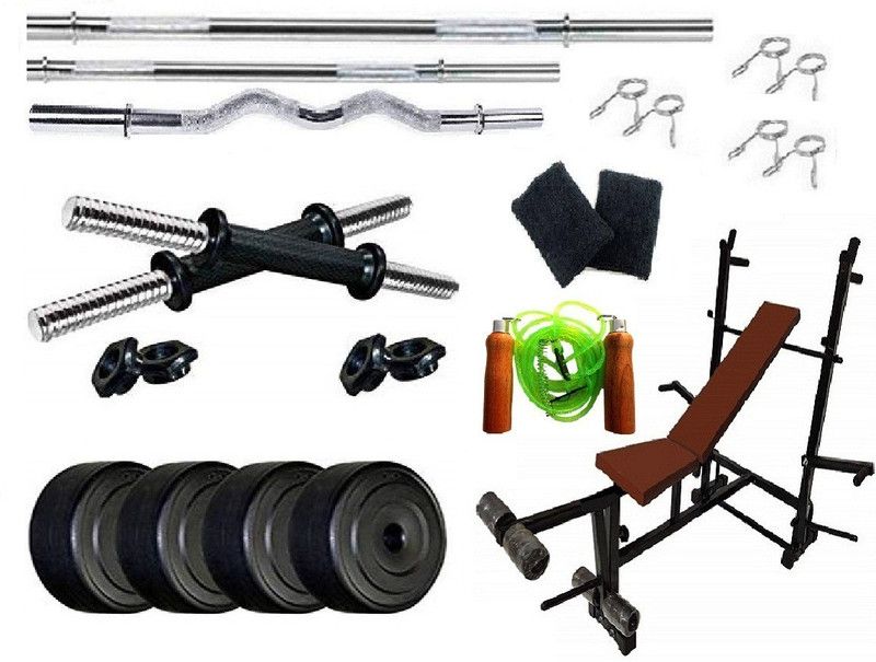 VENOM Total Home Gym 10 Kg. Weight Plates with 8in1 Bench & 2 Acessories Dumbbell Kit Kit
