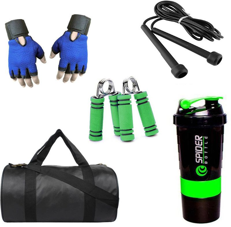 Rocket Sales Combo of Leatherite (Black) Gym Bag, Gloves (Blue), Spider Shaker (Green), Skipping Rope (Black) And Hand Gripper (Green) Fitness Accessory Kit Kit