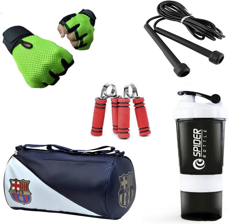Rocket Sales Combo Of FCB Gym Bag, Gloves(Green), Spider Shaker(White), Skipping Rope(Black) And Hand Gripper(Red) Fitness Accessory Kit Kit