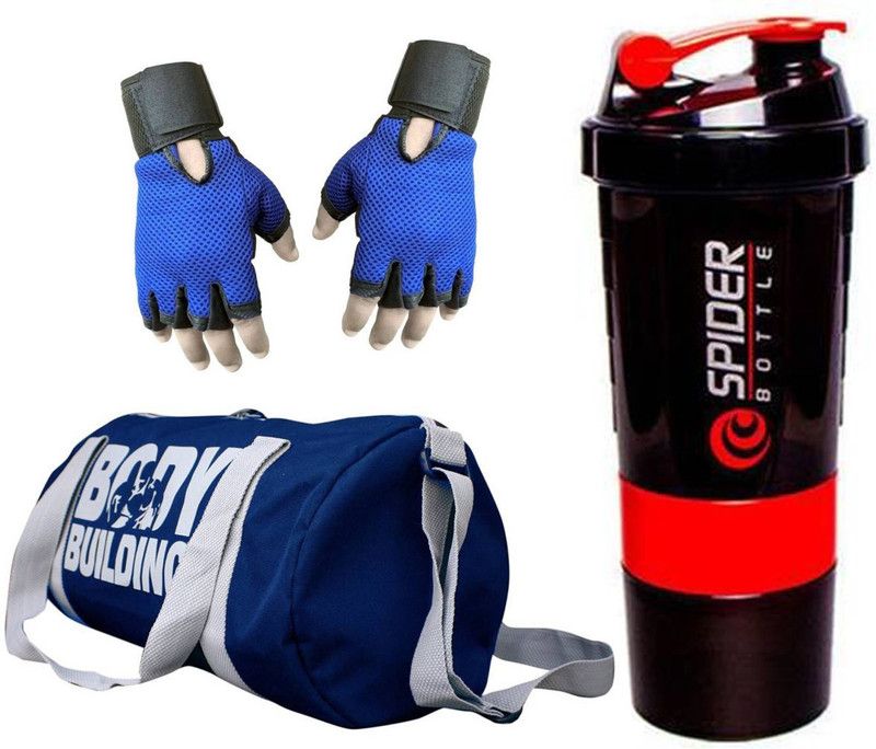 Rocket Sales Combo of Bodybuilding Bag Blue,Gloves Blue and Spider Shaker Red Fitness Accessory Kit Kit