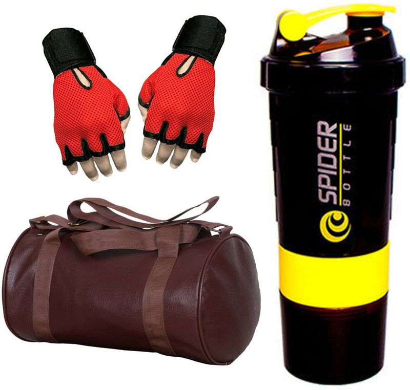 Snipper Combo Of Leatherite Brown Gym Bag , Red Gloves and Yellow Spider Shaker Fitness Accessory Kit Kit