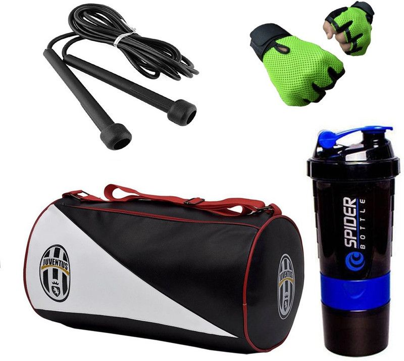 Snipper Combo Of Juventus Gym Bag, Gloves (Green), Spider Shaker (Blue) And Skipping Rope (Black) Fitness Accessory Kit Kit