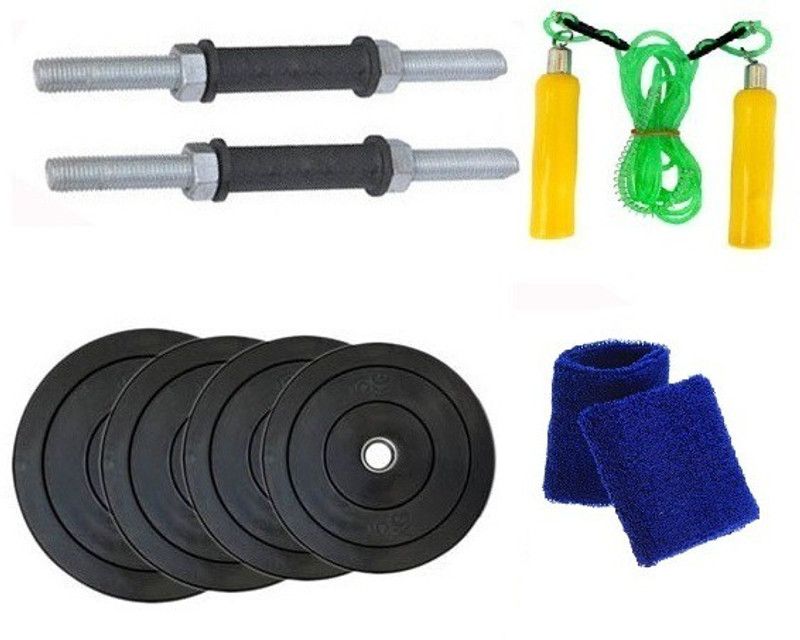 YUKI ONLINE SERIES : NICKLE DUMBELL RODS , 4 KG ( 1 KG X 4 ) WEIGHT PLATES , WOODEN HANDLE SKIPING ROPE , SWEAT BAND Dumbbell Kit Kit