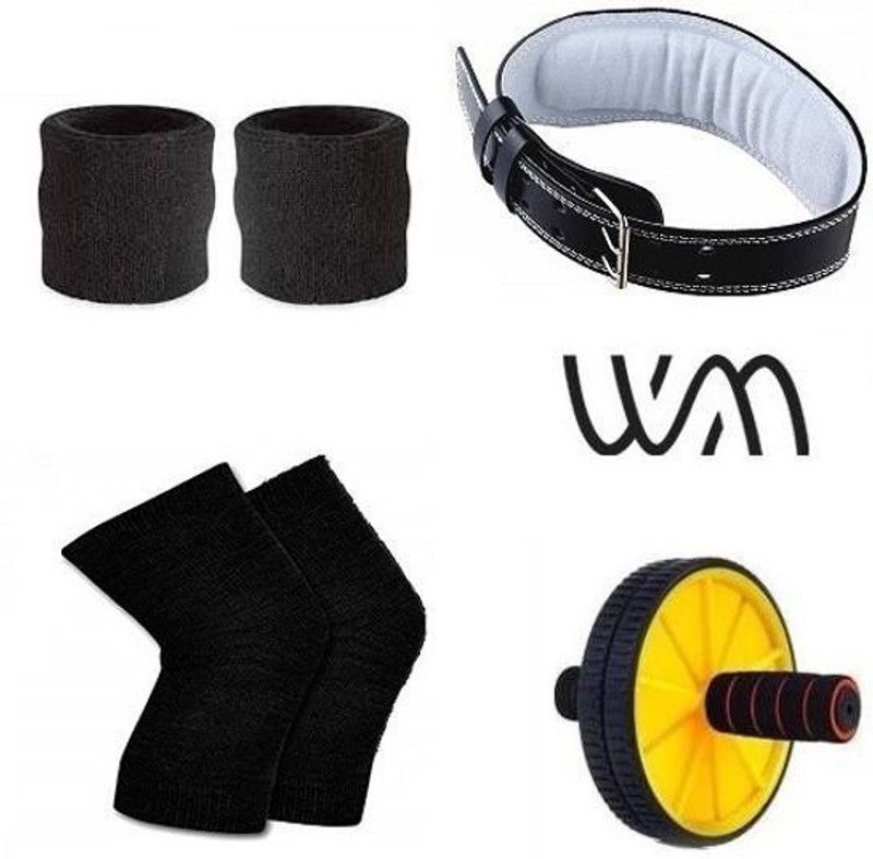 Web Mall Small Geniune Leather Weight Lifting Belt With AB Roller,One Pair Sweat Bands & One Pair Knee Caps Unisex Fitness Accessory Kit Kit