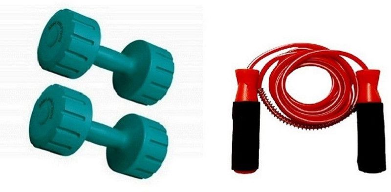VENOM GREEN COLOR 2KG VINYL PLASTIC DUMBELL AND RED COLOR BEARING SKIPPING ROPE Dumbbell Kit Kit