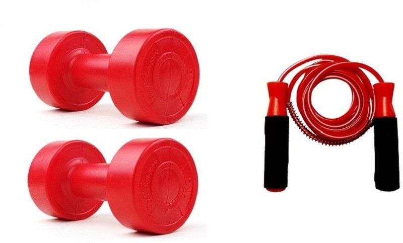 VENOM RED COLOR 5KG VINYL PLASTIC DUMBELL AND RED COLOR BEARING SKIPPING ROPE Dumbbell Kit Kit