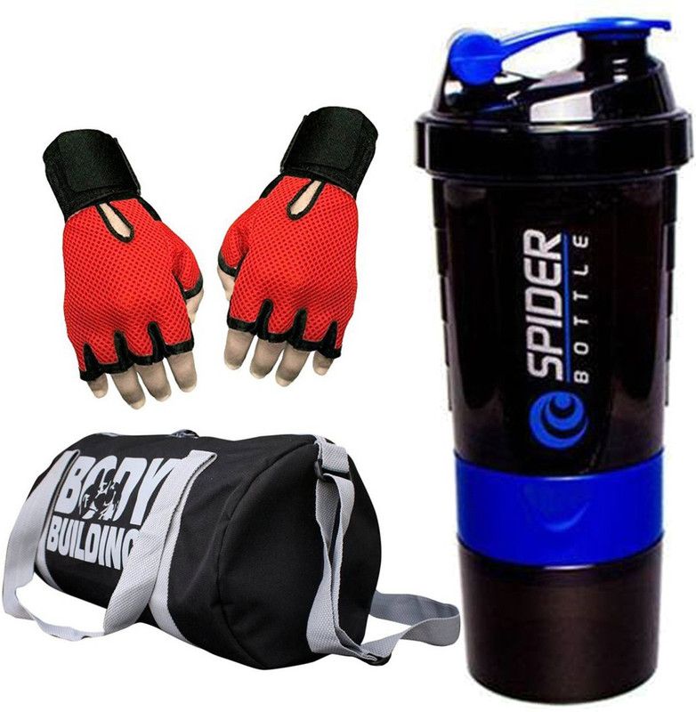 Trending Snipper Combo Of BodyBuilding (Black) Gym Bag, Gloves (Red) And Spider Shaker (Blue) Fitness Accessory Kit Kit
