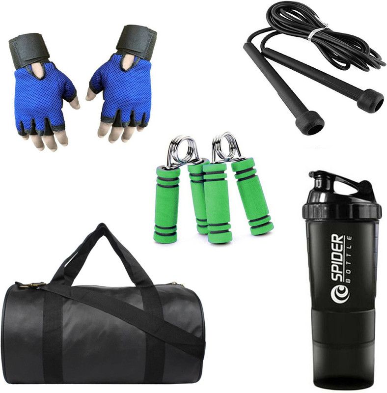 Rocket Sales Combo of Leatherite (Black) Gym Bag, Gloves (Blue), Spider Shaker (Black), Skipping Rope (Black) And Hand Gripper (Green) Fitness Accessory Kit Kit