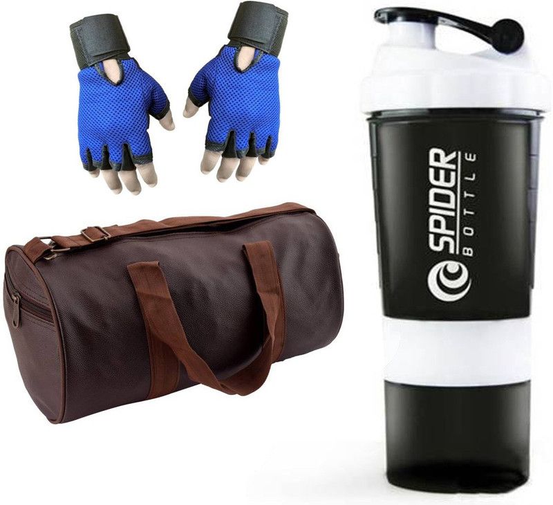 Snipper Combo Of Leatherite Brown Gym Bag , Blue Gloves and White Spider Shaker Fitness Accessory Kit Kit