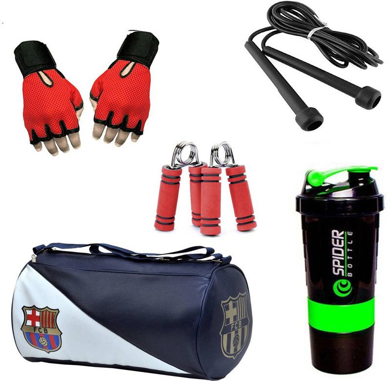 Rocket Sales Combo Of FCB Gym Bag, Gloves(Red), Spider Shaker(Green), Skipping Rope(Black) And Hand Gripper(Red) Fitness Accessory Kit Kit