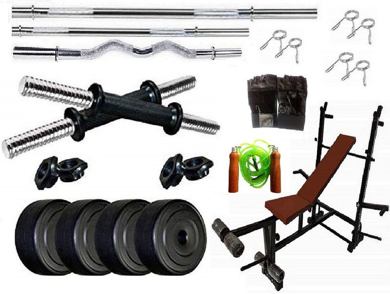 SPANCO 44 kg Total Home Gym 44 Kg. Weight Plates with 8in1 Bench & 2 Acessories Home Gym Combo