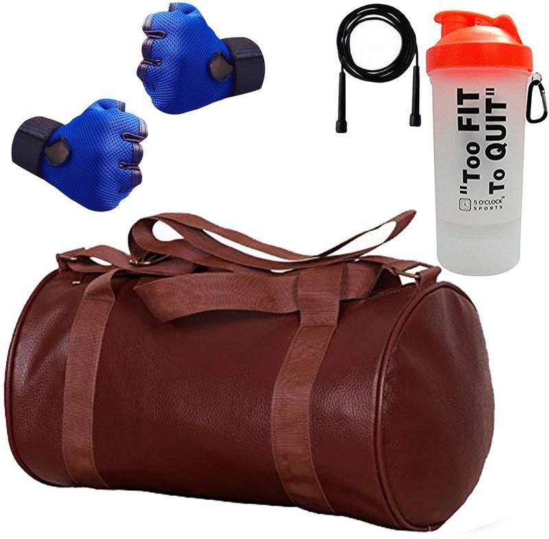 5 O' CLOCK SPORTS Brown Leather Gym Bag, Blue Gloves Skipping Rope Fitness Accessory Kit Kit