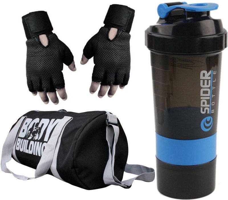 Snipper Combo of Bodybuilding Gym Bag, Gloves Black and Spider Shaker(Blue) Fitness Accessory Kit Kit
