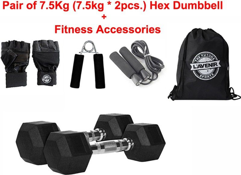L'AVENIR combo of (2pcs. * 7.5kg) Rubber Coated HEX Dumbbells with Skipping Rope, Hand Grip & Leather Gloves Dumbbell Kit Kit