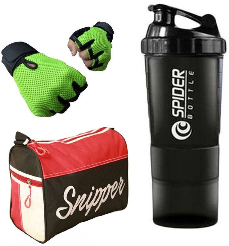 Snipper Combo of Tomy Red Bag, Gloves Green and Spider Shaker (Black ) Fitness Accessory Kit Kit