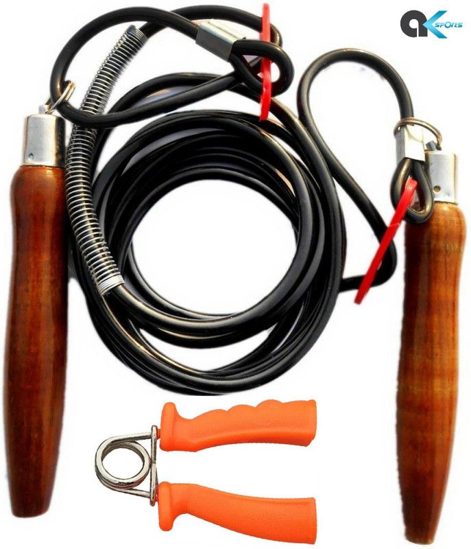 A.K Wooden Skipping Rope + 1 Pcs Plastic Hand Grip Gym & Fitness Kit Freestyle Skipping Rope  (Black, Brown, Orange, Length: 259 cm)