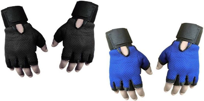 DreamPalace Combo of Heavy Leather Netted Gloves With Wrist Support(Pack of 3 Pair Gloves) Gym & Fitness Gloves  (Black, Blue)