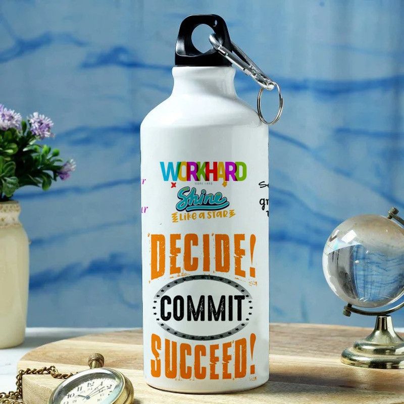 ARoohSa 'Decide! Commit! Succeed!' Motivational Printed Sports Water Bottle 600 ml Sipper  (Pack of 1, White, Multicolor, Aluminium)