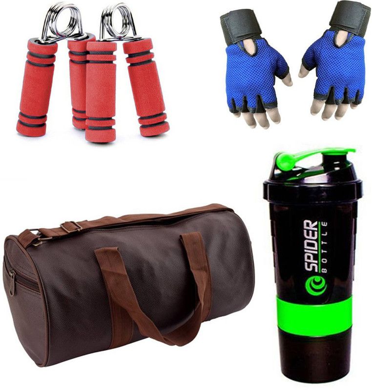 Rocket Sales Combo Of Leatherite (Brown) Gym Bag, Gloves (Blue), Spider Shaker (Green) And Hand Gripper (Red) Fitness Accessory Kit Kit
