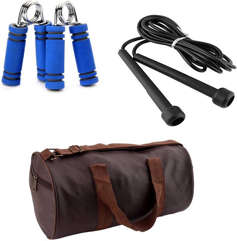 Smartware Snipper Combo Of Leatherite (Brown) Gym Bag, Skipping Rope (Black) And Hand Gripper (Blue) Fitness Accessory Kit Kit