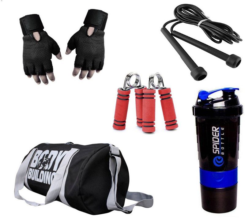Rocket Sales Combo Of BodyBuilding (Black) Gym Bag, Gloves (Black), Spider Shaker (Blue), Skipping Rope (Black) And Hand Gripper (Red) Fitness Accessory Kit Kit