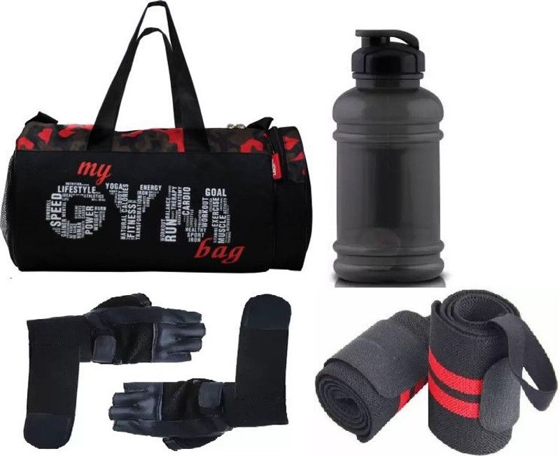 EMMCRAZ sport bag for gym with gallon bottle 1 ltr with gym gloves and wrist support  (Kit Bag)