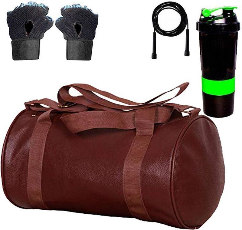 5 O' CLOCK SPORTS Brown Leather Gym Bag, Black Gloves, Skipping Rope and Green Spider Shaker Bottle Combo Pack Fitness Accessory Kit Kit